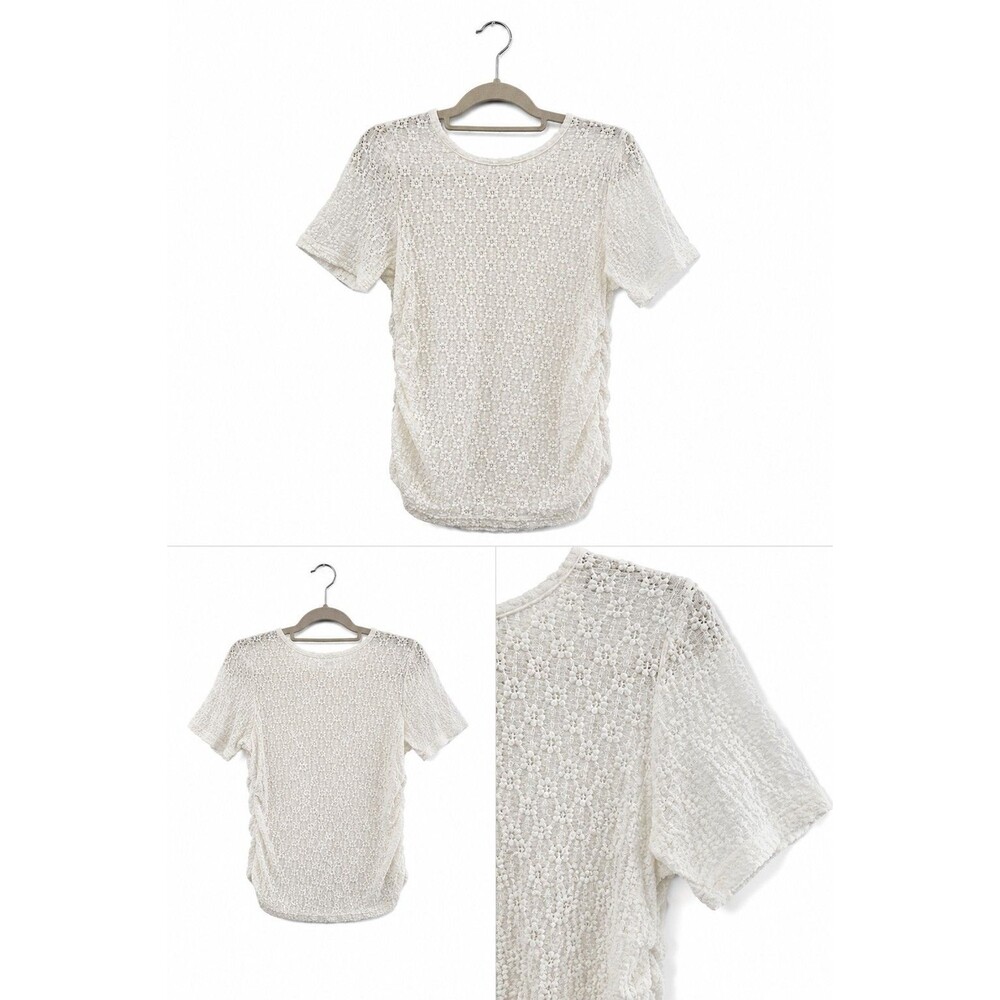 Rose + Olive Women’s Small White Floral Lace Ruched Side Short Sleeve Top NWT2